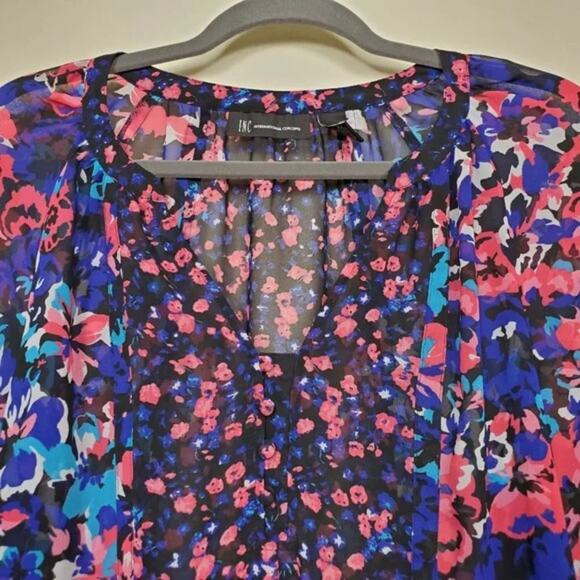 INC International Concepts Floral Blouse Womens Size 6 Blue Pink Black Sheer Top - Picture 2 of 8